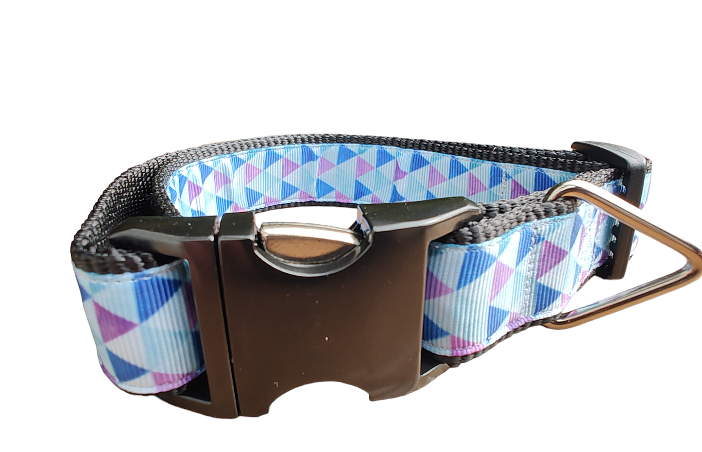 Purple Triangles Black Nylon Dog Collar MD, LG, XL, Leash