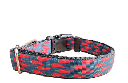 Spicy Red Pepper Black Nylon Dog Collar MD, LG, XL, Leash