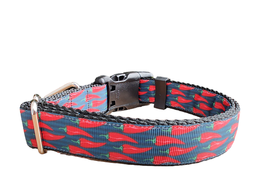 Spicy Red Pepper Black Nylon Dog Collar MD, LG, XL, Leash