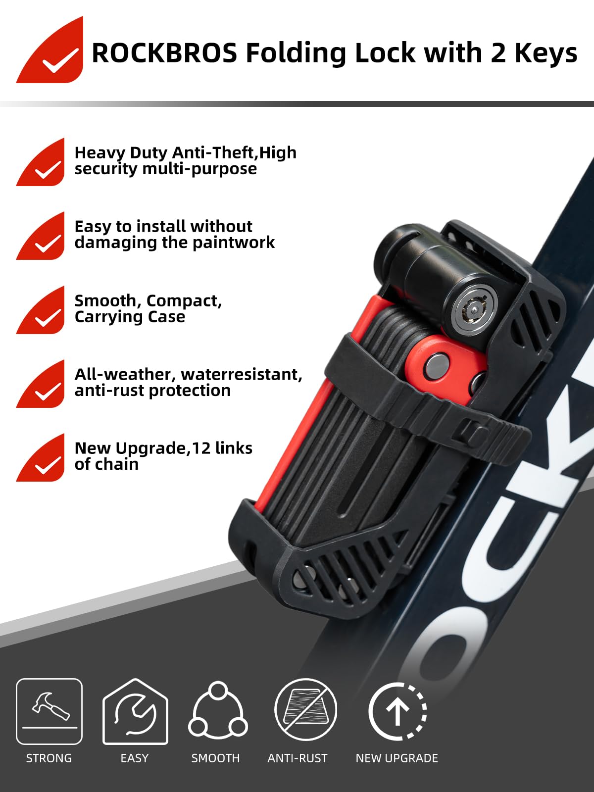 ROCKBROS Folding Heavy Duty Anti Theft  Bike Lock 120cm/47.24inch with 2 Keys