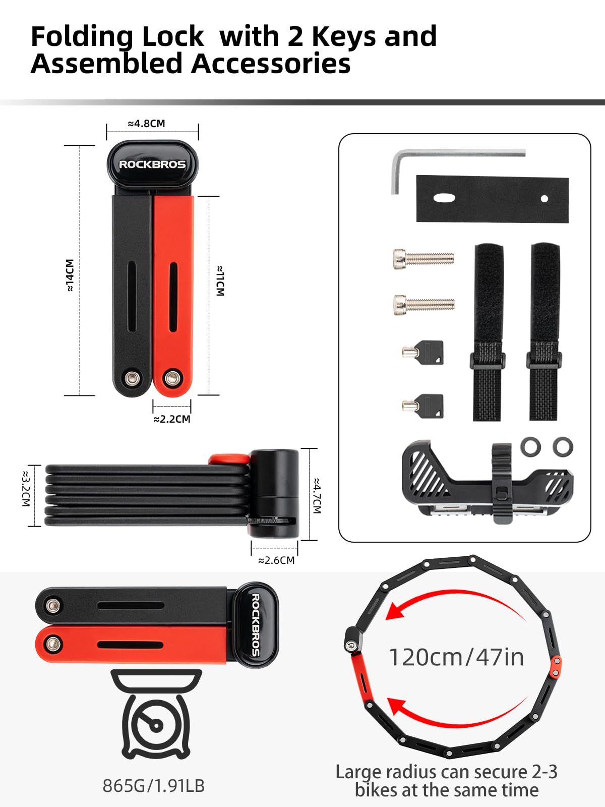 ROCKBROS Folding Heavy Duty Anti Theft  Bike Lock 120cm/47.24inch with 2 Keys