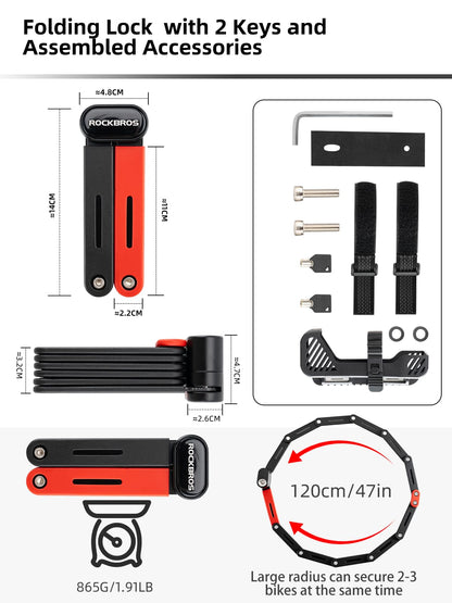 ROCKBROS Folding Heavy Duty Anti Theft  Bike Lock 120cm/47.24inch with 2 Keys