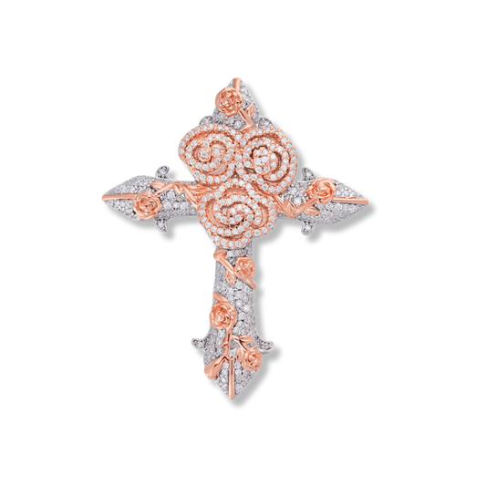 Moissanite Two Tone Rose Thorns Cross Pendant in 925 Sterling Silver