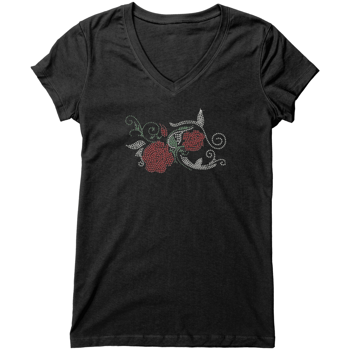 Rhinestone Red Rose Tee Shirt Crew Neck, V Neck, Tank Top