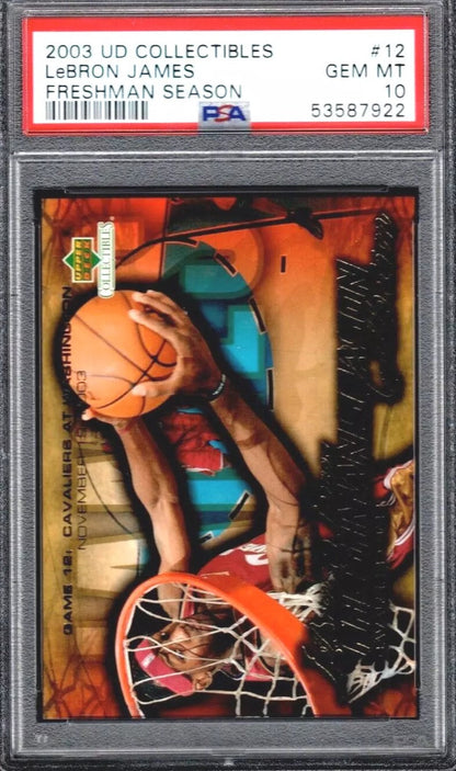 Graded 2003 Upper Deck Collectibles LeBron James #12 Freshman Season Rookie RC Basketball Card PSA 10 Gem Mint