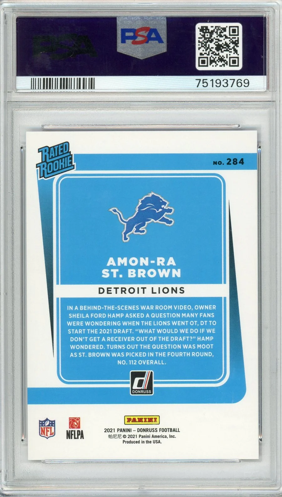 Graded 2021 Panini Donruss Amon-Ra St. Brown #284 Season Stat Line Rookie RC Football Card PSA 10 Gem Mint