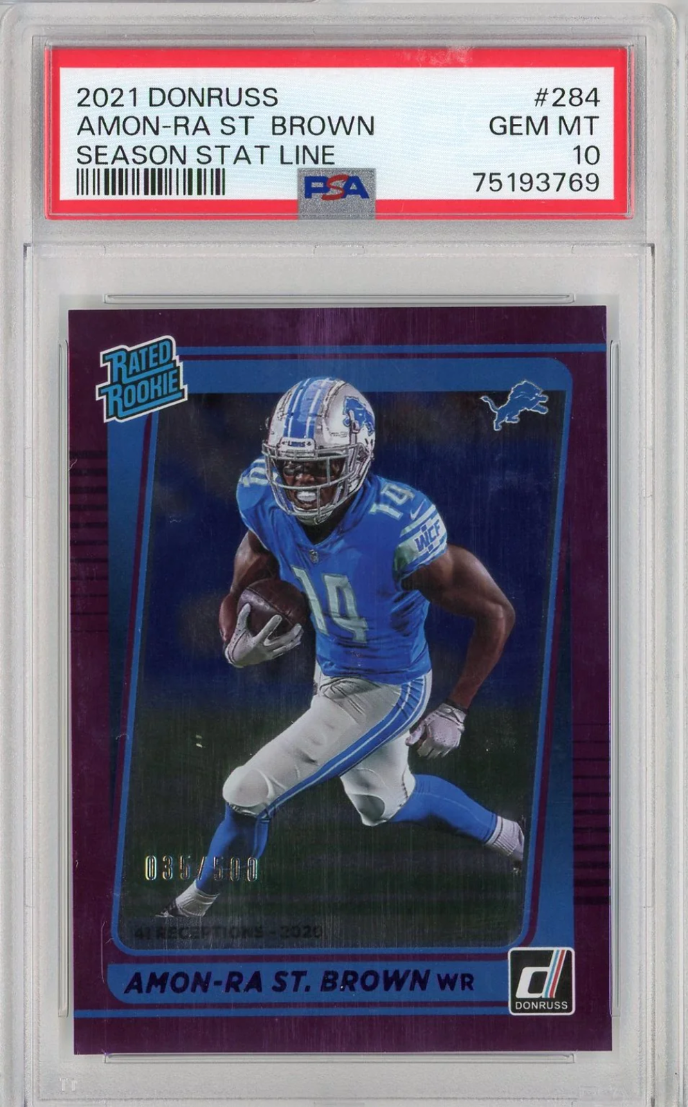 Graded 2021 Panini Donruss Amon-Ra St. Brown #284 Season Stat Line Rookie RC Football Card PSA 10 Gem Mint