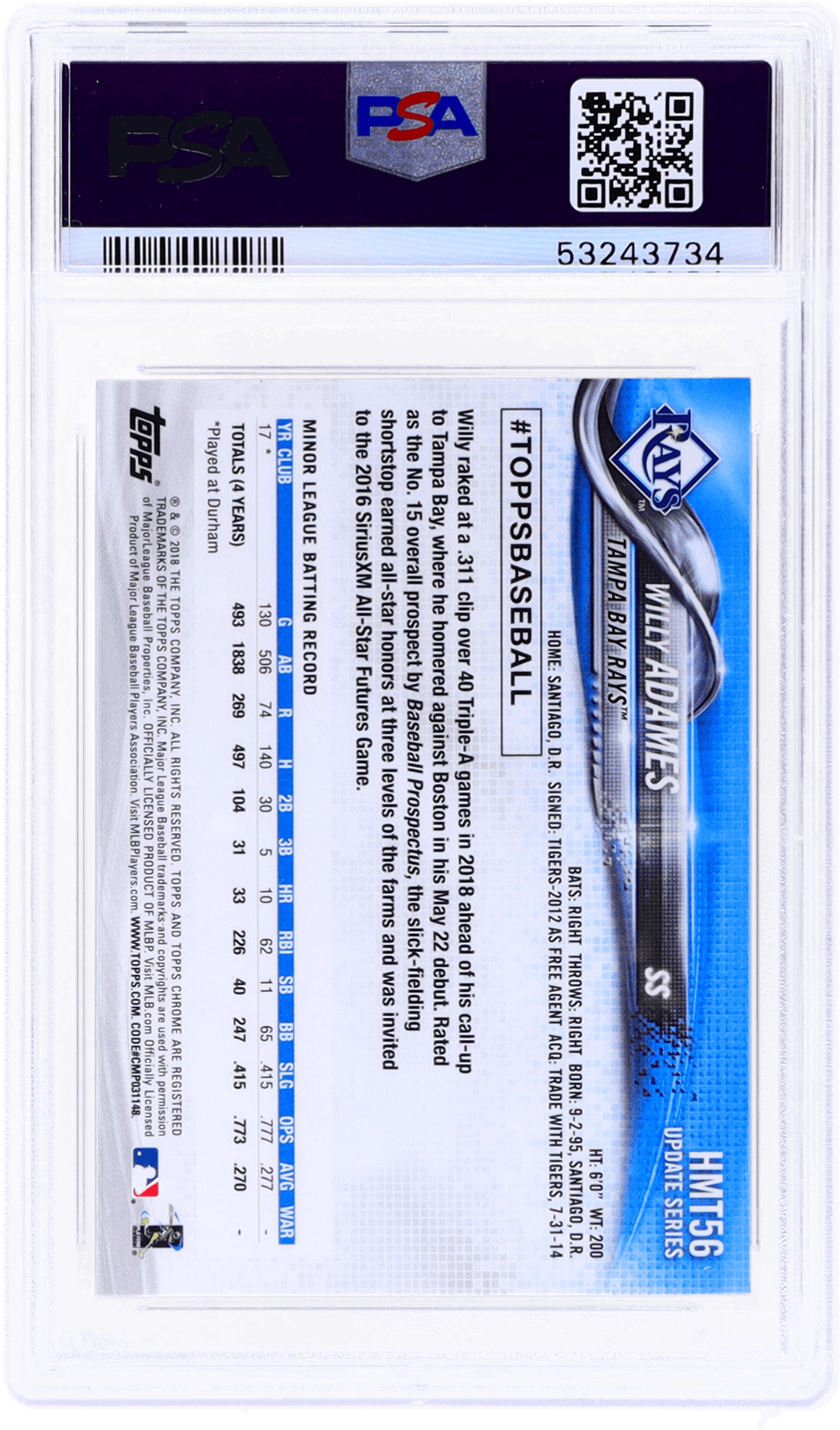 Graded 2018 Topps Chrome Willy Adames #HMT56 Update Rookie RC Baseball Card PSA 10 Gem Mint