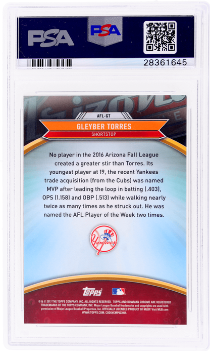Graded 2017 Topps Bowman Chrome Gleyber Torres #AFLGT 2016 AFL Fall Stars Rookie RC Baseball Card PSA 10 Gem Mint