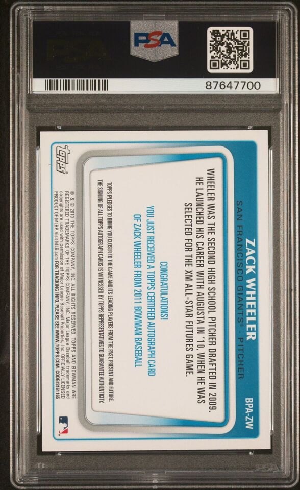 Graded 2010-11 Topps Bowman Prospects Zack Wheeler #BPAZW Autograph Rookie RC Baseball Card PSA 10 Gem Mint
