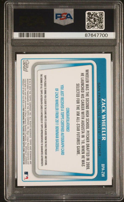 Graded 2010-11 Topps Bowman Prospects Zack Wheeler #BPAZW Autograph Rookie RC Baseball Card PSA 10 Gem Mint