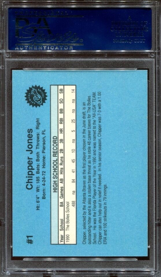 Graded 1990 Classic Chipper Jones #1 Draft Picks Rookie RC Baseball Card PSA 10 Gem Mint