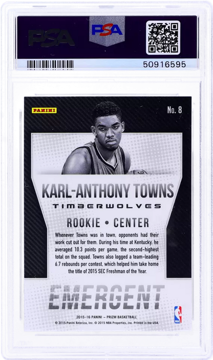 Graded 2015-16 Panini Prizm Karl-Anthony Towns #8 Emergent Rookie RC Basketball Card PSA 10 Gem Mint
