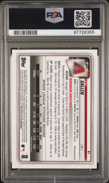 Graded 2020 Topps Bowman Chrome Zac Gallen #81 Rookie RC Baseball Card PSA 10 Gem Mint