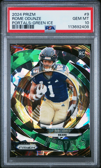 Graded 2024 Panini Prizm Rome Odunze #9 Portals Green Ice Rookie RC Football Card PSA 10 Gem Mint