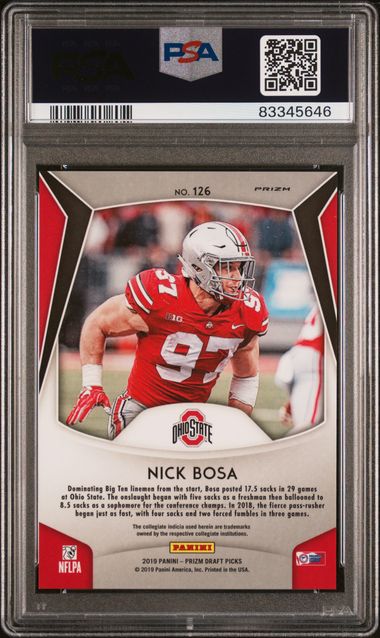 Graded 2019 Panini Prizm DP Nick Bosa #126 Purple Prizm Rookie RC Football Card PSA 10 Gem Mint