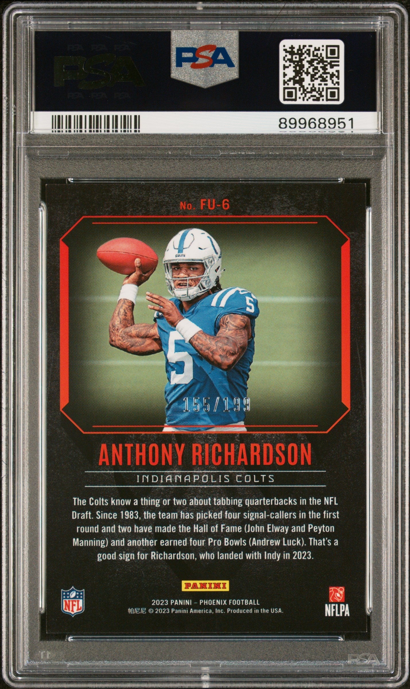 Graded 2023 Panini Phoenix Anthony Richardson #FU6 Fired Up Red /199 Rookie RC Football Card PSA 10 Gem Mint