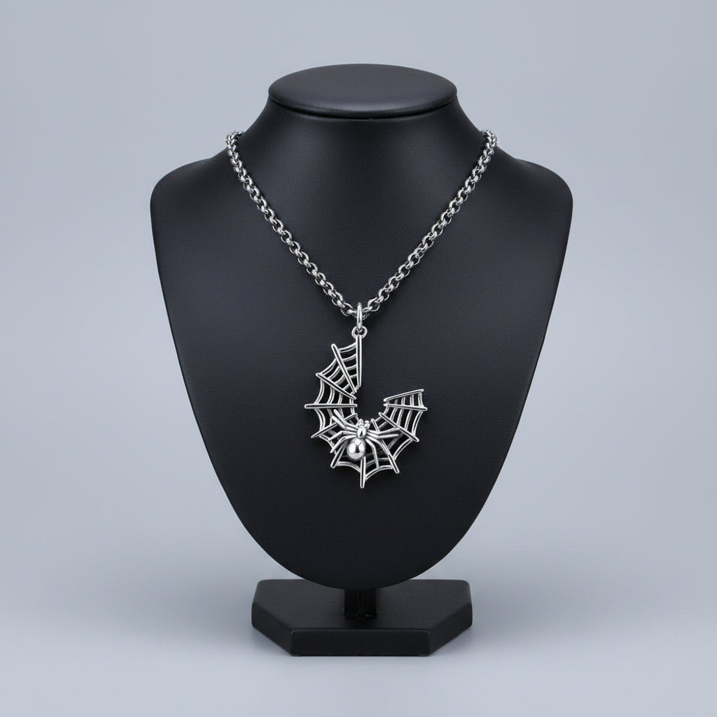 Crescent Web & Spider Pendant Necklace (925 Silver)