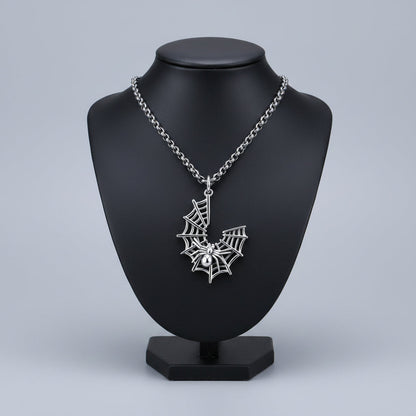 Crescent Web & Spider Pendant Necklace (925 Silver)