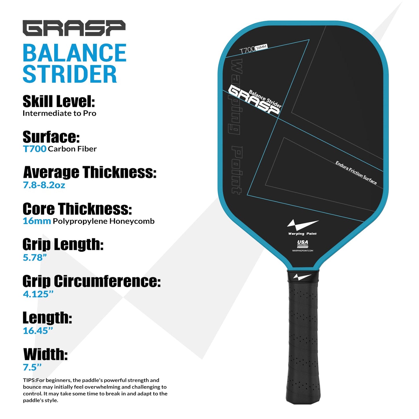 Grasp Balance Pickleball Paddle Navy 16mm T700 Carbon Fiber for Power & Control