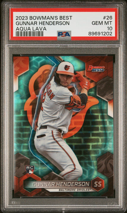 Graded 2023 Topps Bowmans Best Gunnar Henderson #26 Aqua Lava #/199 Rookie RC Baseball Card PSA 10 Gem Mint