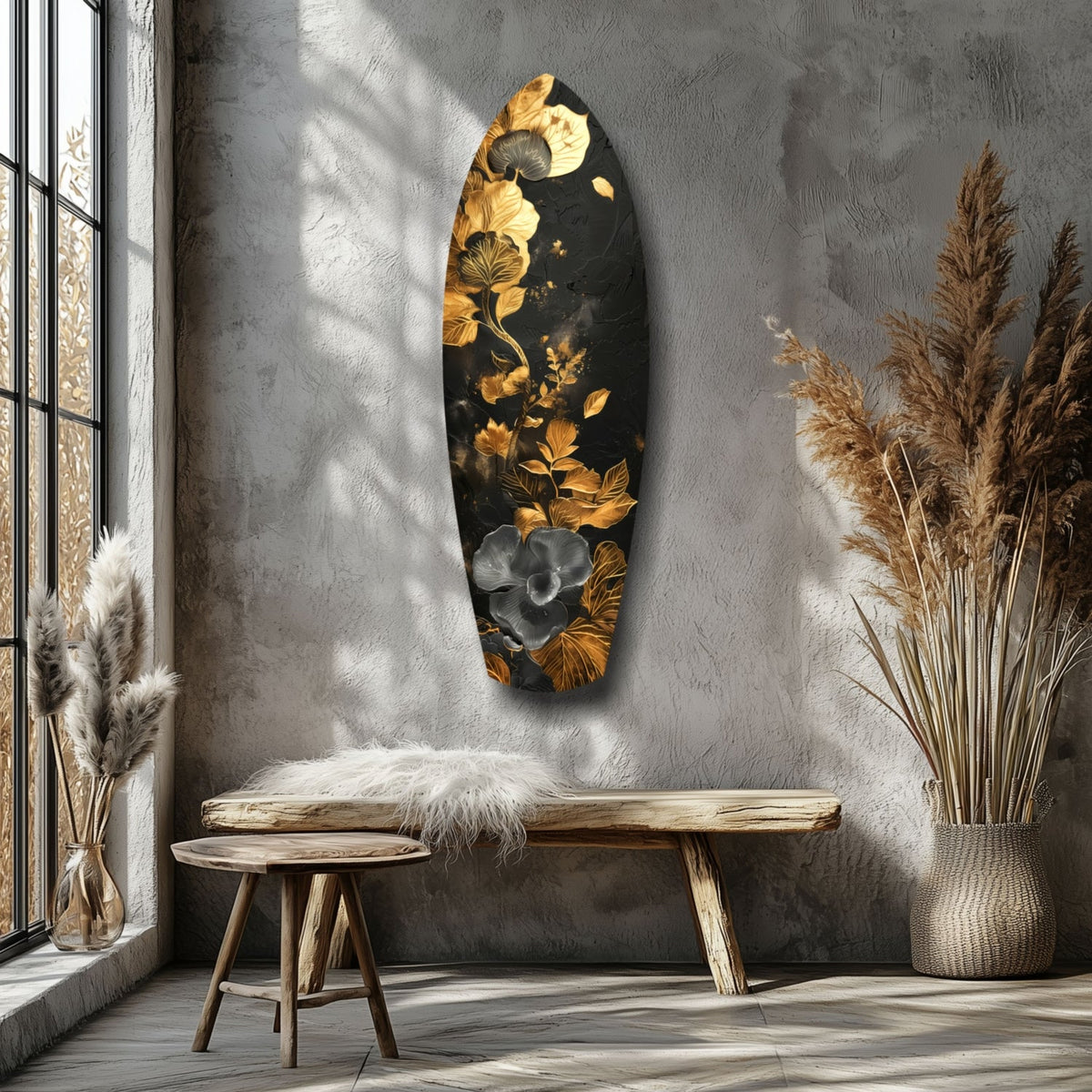 Gold Leaf Floral Surfboard Panel Glass Wall Art