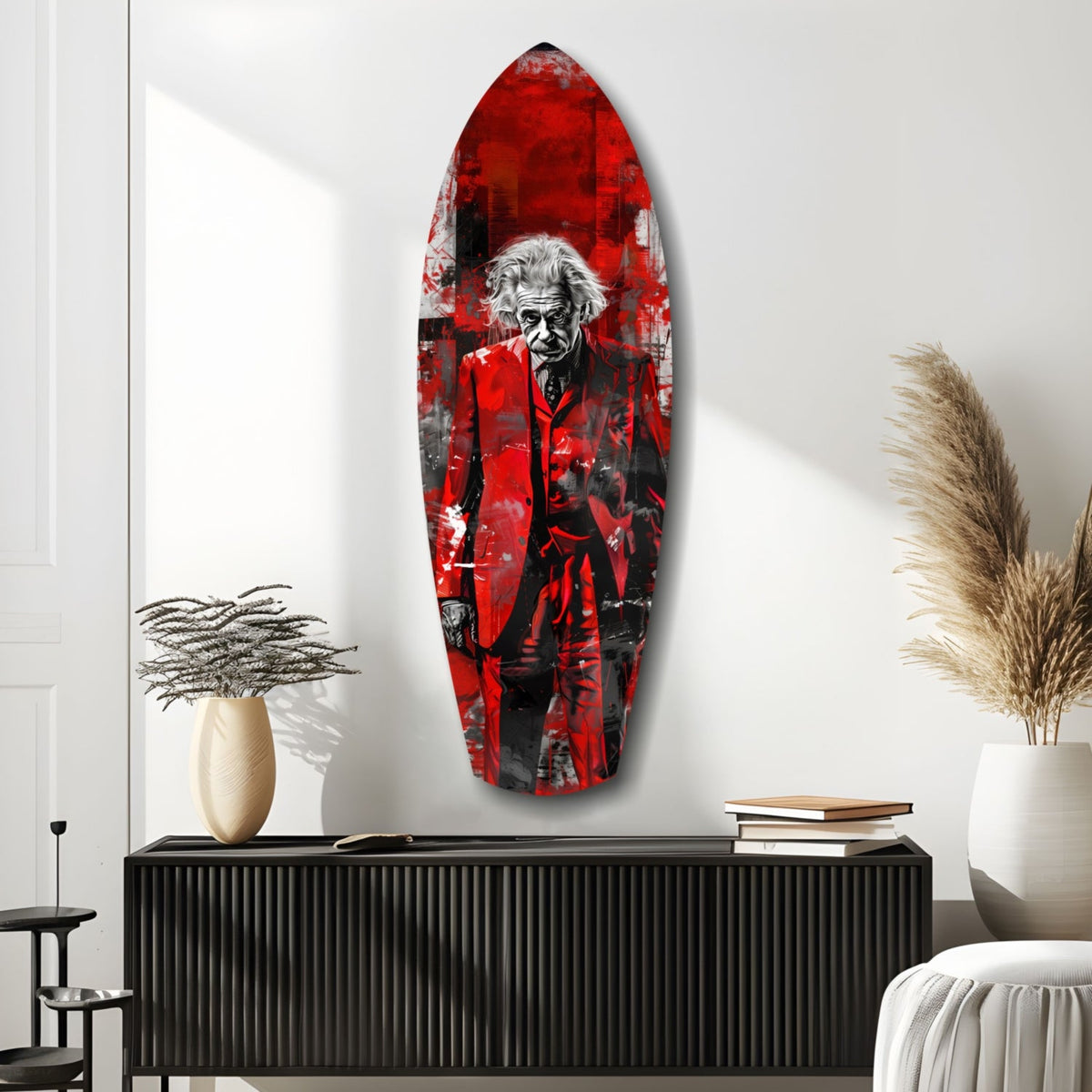 Scarlet Grunge Wild Haired Scientist Surfboard Glass Wall Art