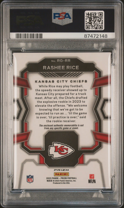 Graded 2023 Panini Prizm Rashee Rice #RGRR Rookie Gear Neon Green Pulsar Rookie RC Football Card PSA 10 Gem Mint