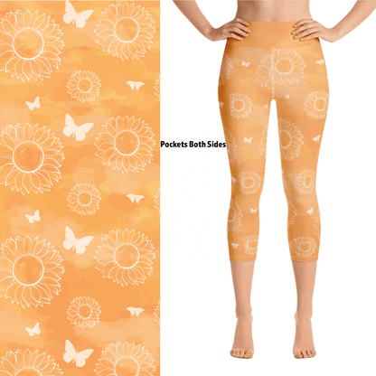 Sunflower & Butterfly Capri Leggings with Pockets