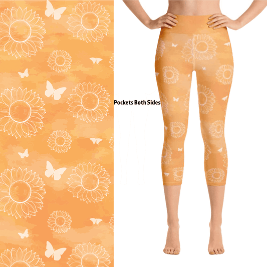 Sunflower & Butterfly Capri Leggings with Pockets