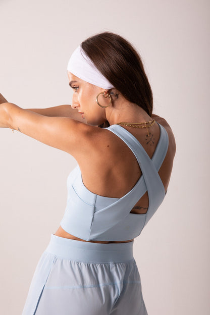 Women's Workout Tank Top with Phone Pockets - Baby Blue | LuxeForm Criss-Cross Back