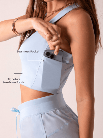 Women's Workout Tank Top with Phone Pockets - Baby Blue | LuxeForm Criss-Cross Back