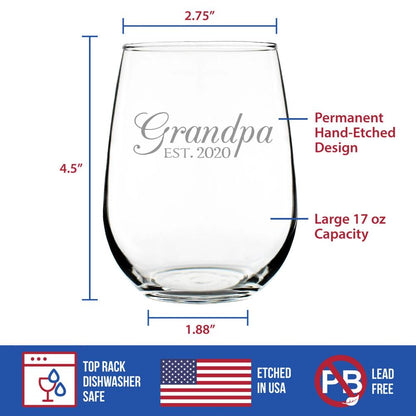 Grandpa Est. 2020 - 17 Ounce Stemless Wine Glass