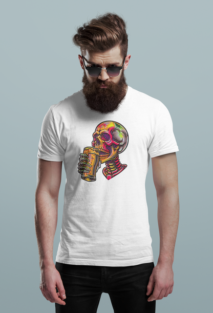 Beer Drinking Neon Skull Graphic Tee