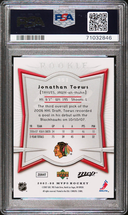 Graded 2007 Upper Deck MVP Jonathan Toews #351 Rookie RC Hockey Card PSA 10 Gem Mint