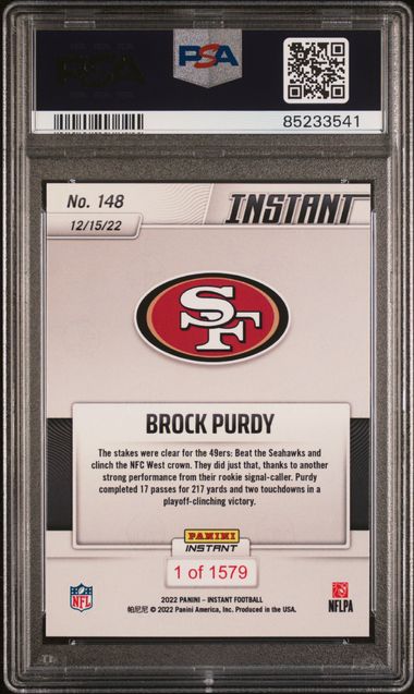 Graded 2022 Panini Instant Brock Purdy #148 Rookie RC Football Card PSA 10 Gem Mint