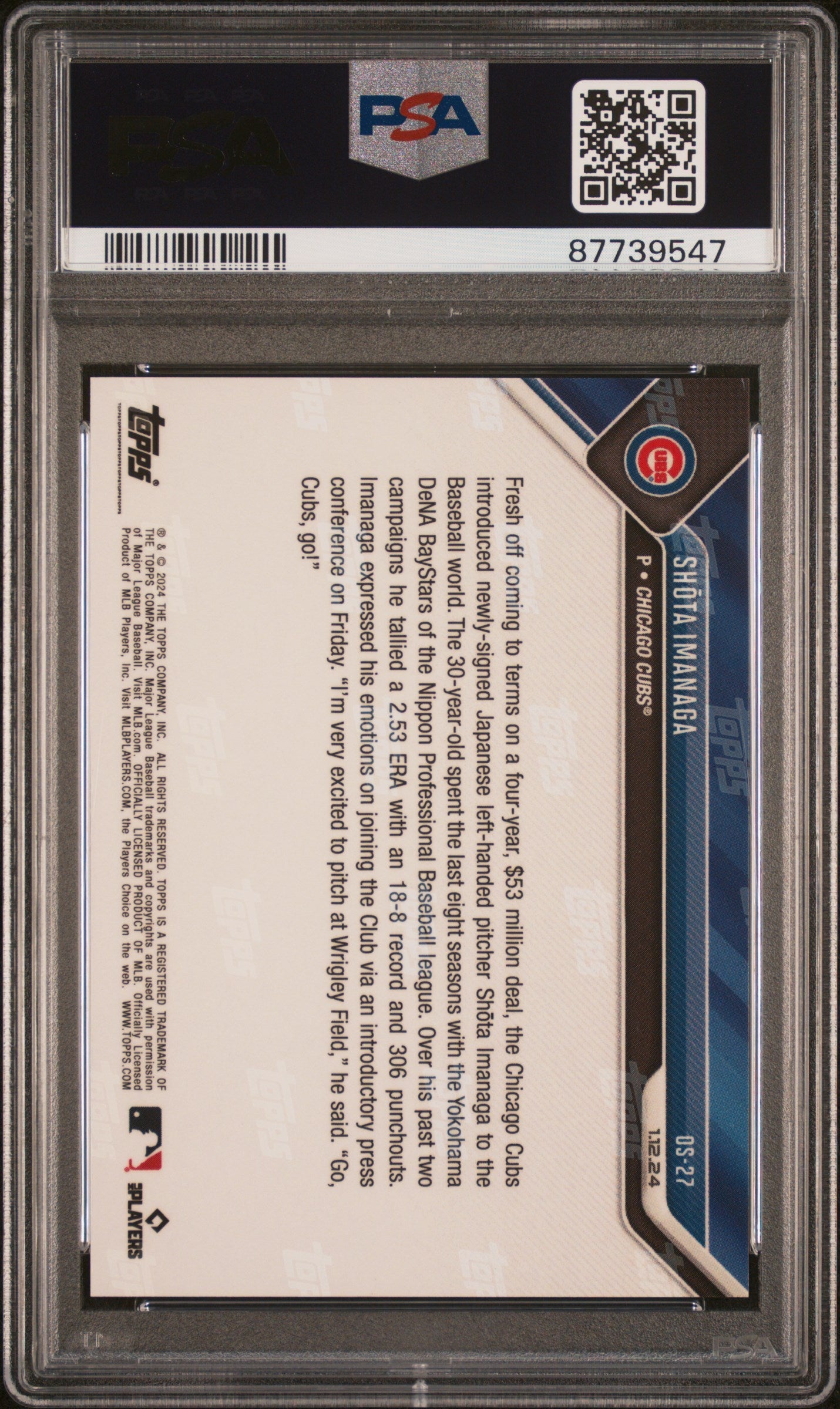 Graded 2023 Topps Now Shota Imanaga #OS27 Offseason Rookie RC Baseball Card PSA 10 Gem Mint