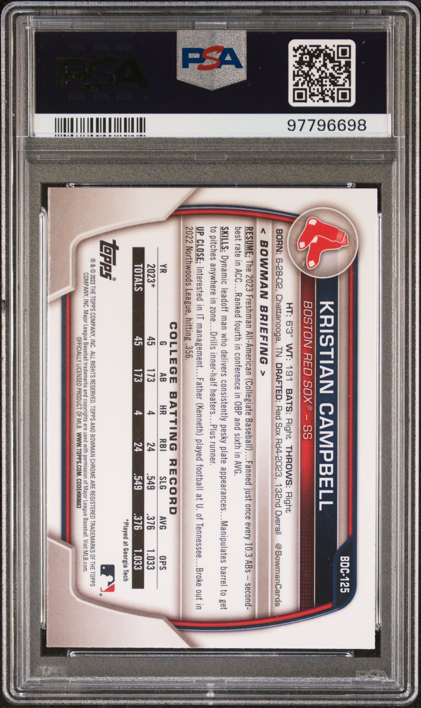 Graded 2023 Topps Bowman Draft Kristian Campbell #BDC125 Chrome Rookie RC Baseball Card PSA 10 Gem Mint