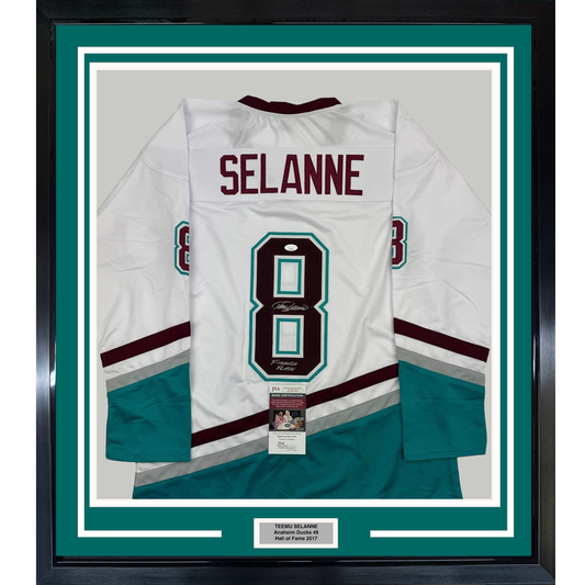Framed Autographed/Signed Teemu Selanne Finnish Flash 35x39 Anaheim White Retro Hockey Jersey JSA COA