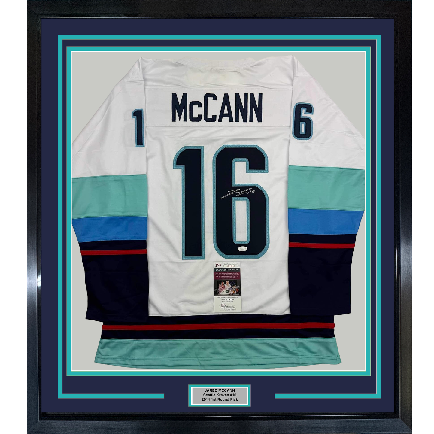 Framed Autographed/Signed Jared McCann 35x39 Seattle White Hockey Jersey JSA COA