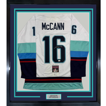 Framed Autographed/Signed Jared McCann 35x39 Seattle White Hockey Jersey JSA COA