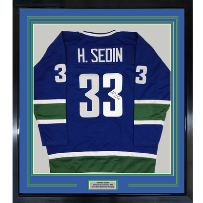 Framed Autographed/Signed Henrik Sedin 35x39 Vancouver Blue Hockey Jersey JSA COA Holo Only