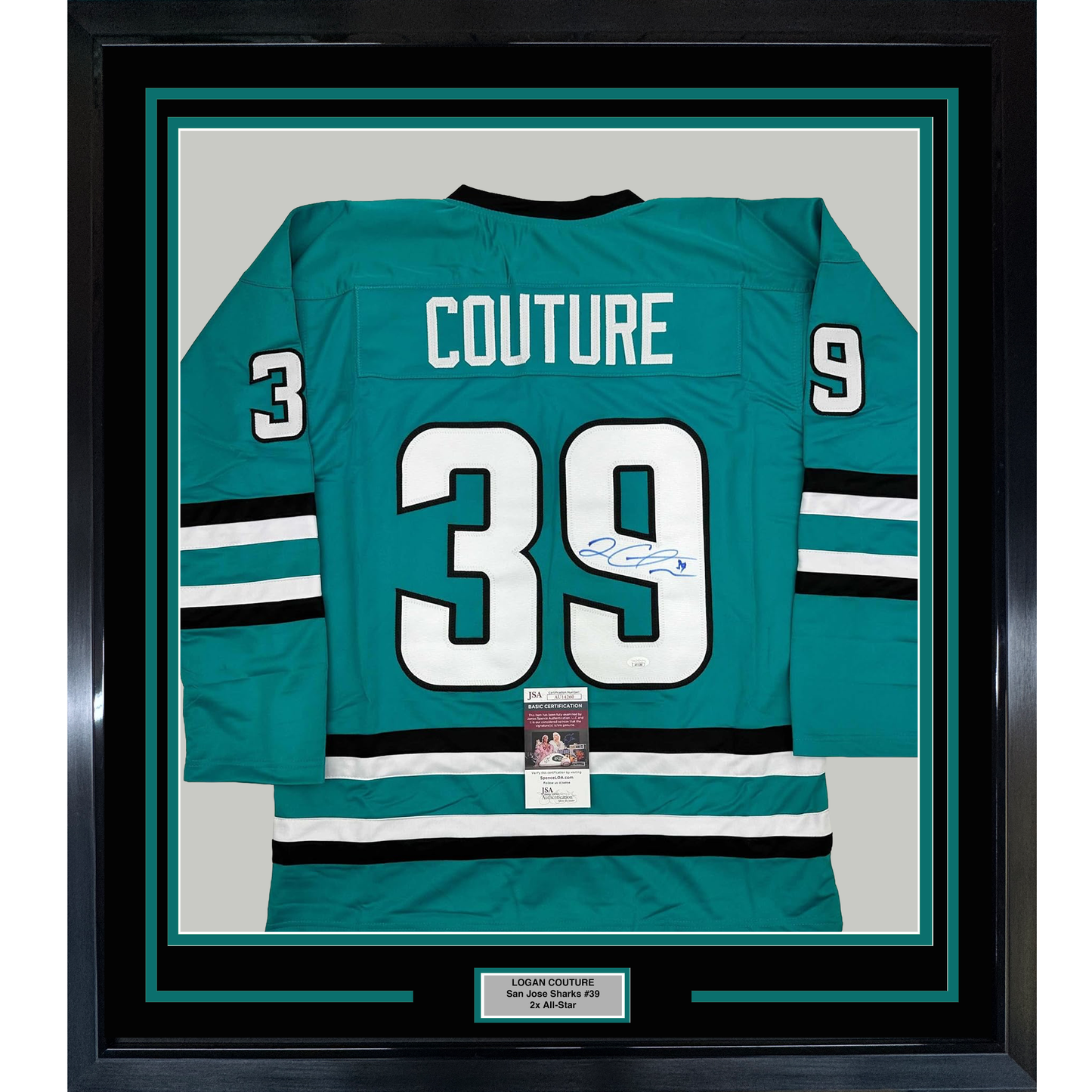 Framed Autographed/Signed Logan Couture 35x39 San Jose Teal Hockey Jersey JSA COA