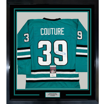 Framed Autographed/Signed Logan Couture 35x39 San Jose Teal Hockey Jersey JSA COA
