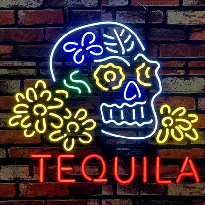 Tequila Lager Skull Bone with Flower Neon Signs Light