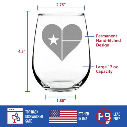 Texas Flag Heart – Cute Funny Stemless Wine Glass, Large 17 Ounces, Etched Sayings, Gift Box