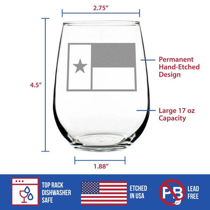 Texas Flag – Cute Funny Stemless Wine Glass, Large 17 Ounces, Etched Sayings, Gift Box