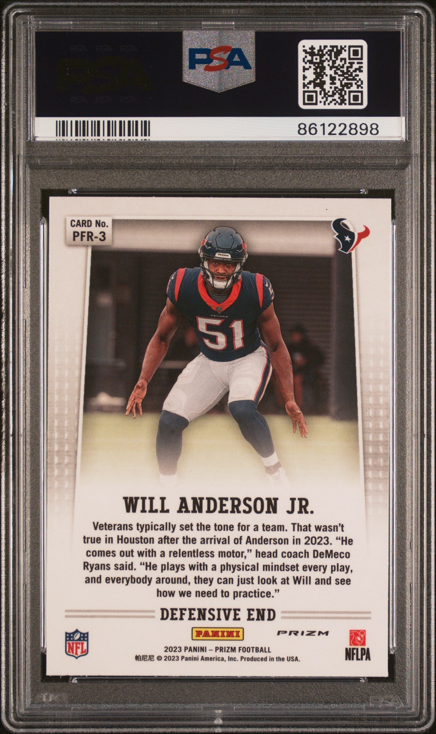 Graded 2023 Panini Prizm Will Anderson #PFR3 Flashback Rookie RC Football Card PSA 10 Gem Mint