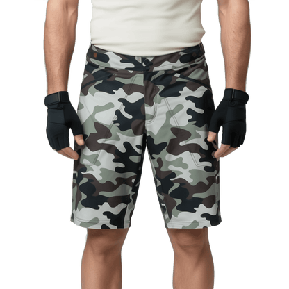 The Shredder Camo — Men's MTB Shorts with Detachable Padded Undershorts | Green & Black Camo