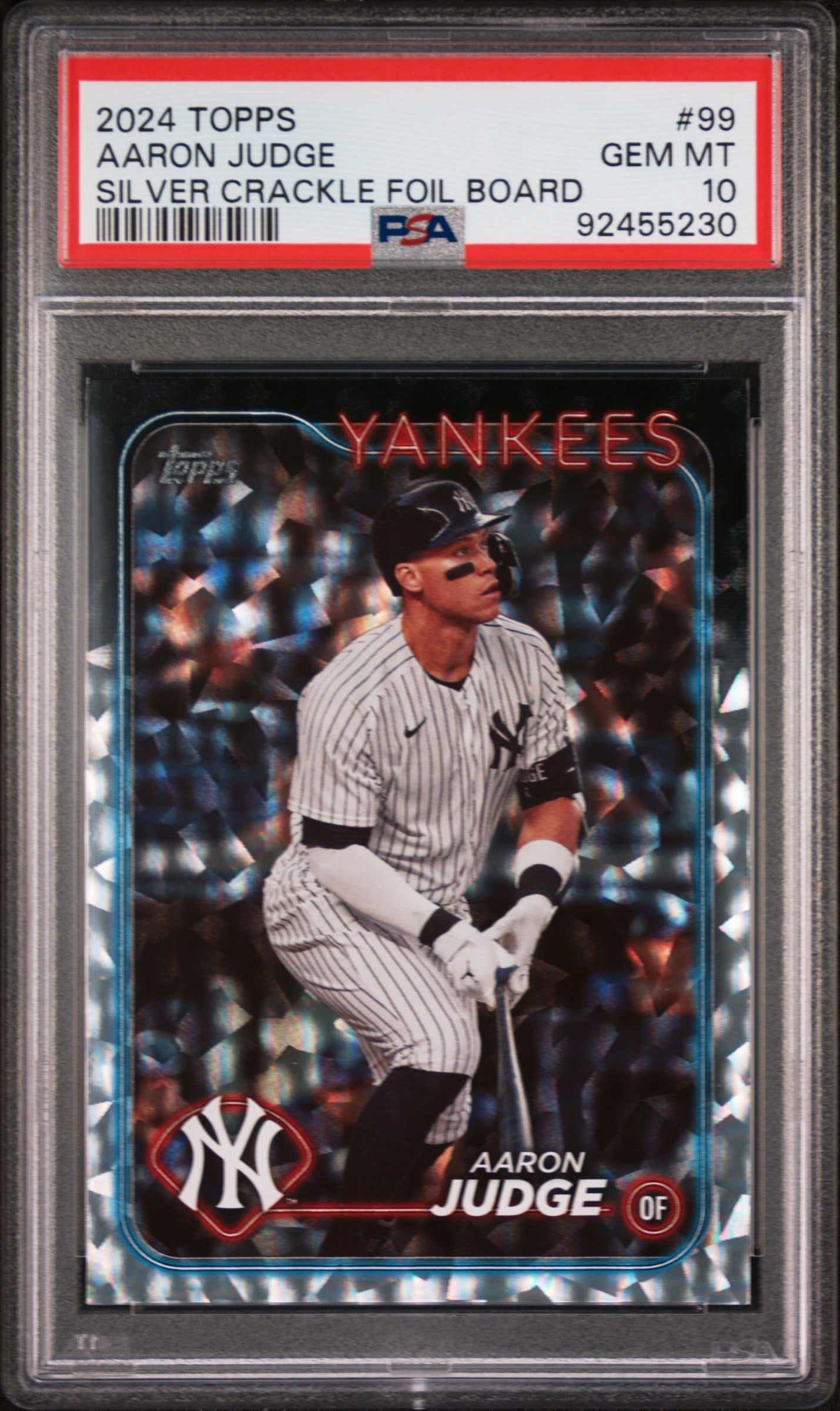 Graded 2024 Topps Aaron Judge #99 Silver Crackle Foil Board Baseball Card PSA 10 Gem Mint